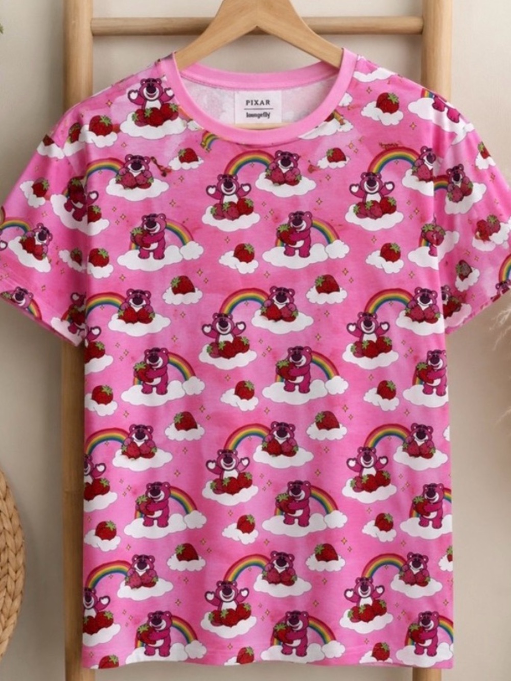 Loungefly Disney Pixar Toy Story Lotso Strawberry Rainbow Tee Pink M.